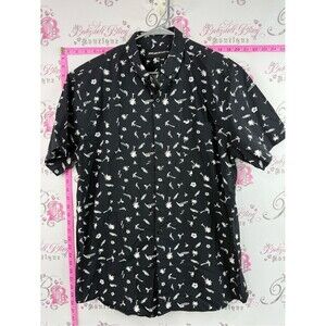 Molokai surf co tee Black Short-Sleeve Button-Down Shirt with White Island Print